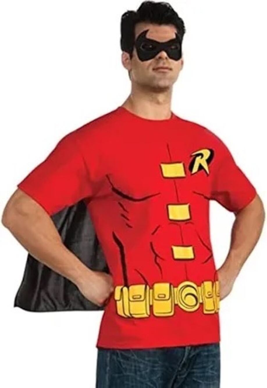 Rubies Robin Costume T Shirt Mens XL Red DC Comics Superhero Cape Graphic Shirt